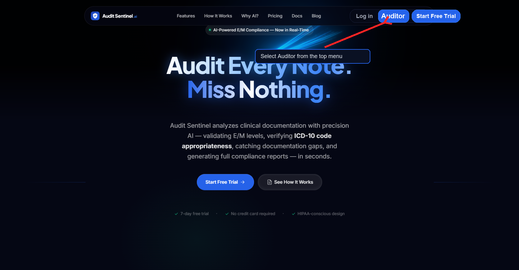 Select Auditor from the top navigation after signing in.